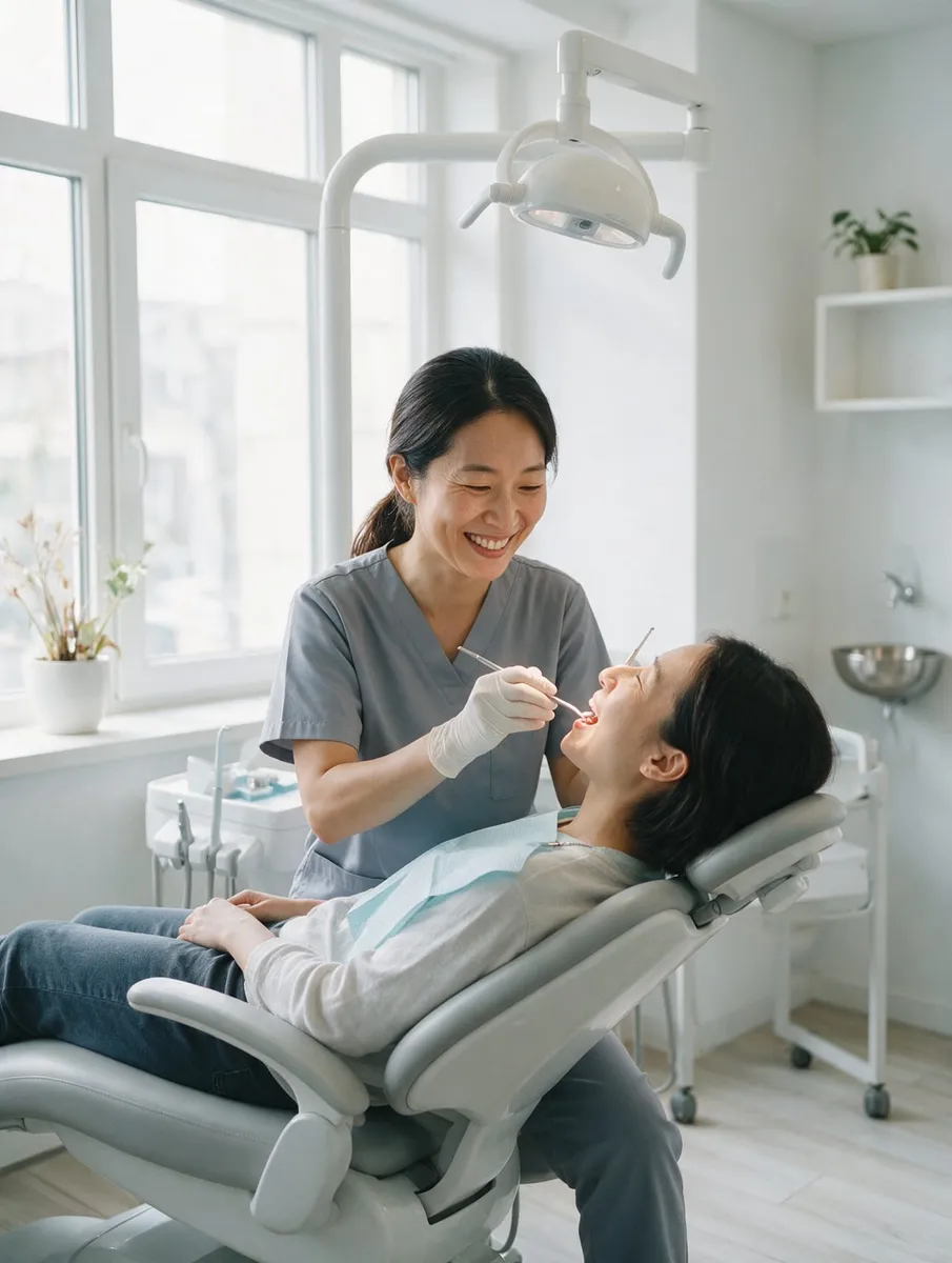 Dentista atendendo uma paciente na cadeira odontológica