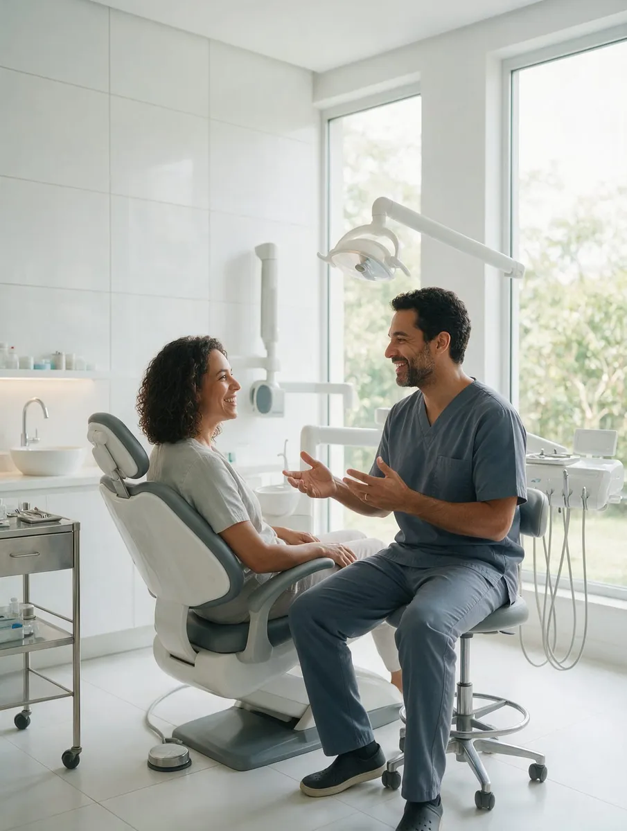 Dentista conversando com uma paciente no consultório odontológico